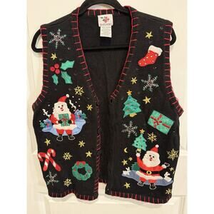 VTG Nutcracker Black Christmas Sweater Vest Buttoned Size Large Santa Candy Cane